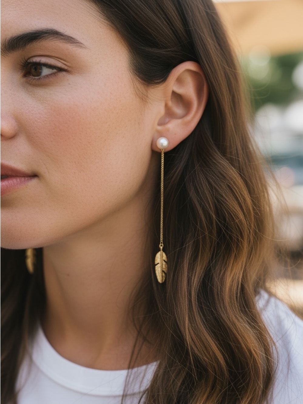 Boho Pearl Feather Dangle Gold Indie Earrings - Picture 2 of 6